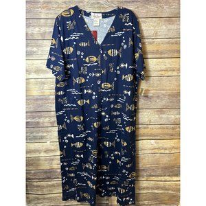 Navy Maxi Dress with Gold Fish Print - Relaxed V-Neck